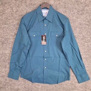 Wrangler 20X Western Shirt Mens Medium Teal Diamond Print Pearl Snap Stretch NWT